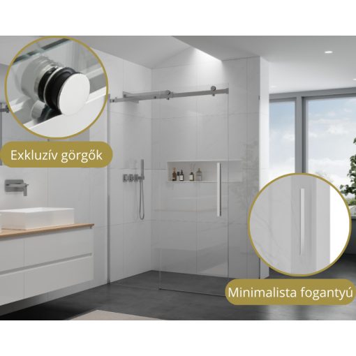 HD Neptun+ 140x100 aszimmetrikus szögletes tolóajtós zuhanykabin 8 mm vastag vízlepergető biztonsági üveggel, krómozott elemekkel, 195 cm magas