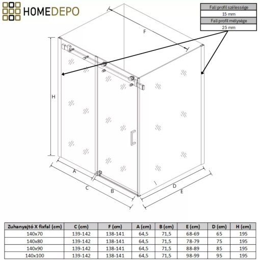 HD Neptun+ 140x100 aszimmetrikus szögletes tolóajtós zuhanykabin 8 mm vastag vízlepergető biztonsági üveggel, krómozott elemekkel, 195 cm magas