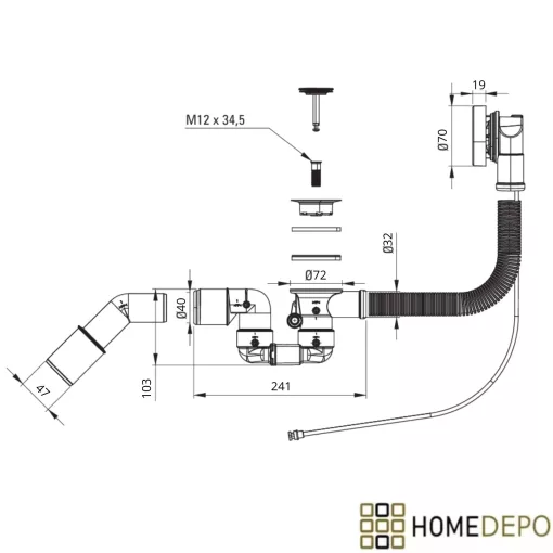 HD Pulse Chrome automata kádszifon szett, 57 cm hosszú, krómozott elemekkel