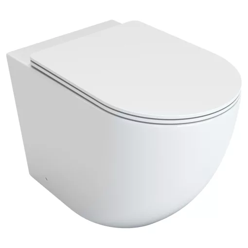 HD Lea Glossy White perem nélküli mély öblítésű íves álló WC slim "L" tetővel és fényes króm zsanérral