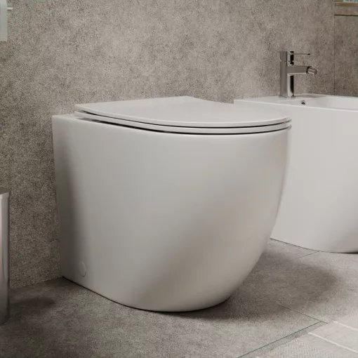 HD Lea Glossy White perem nélküli mély öblítésű íves álló WC slim "L" tetővel és fényes króm zsanérral