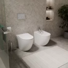 HD Lea Glossy White perem nélküli mély öblítésű íves álló WC slim "L" tetővel és fényes króm zsanérral