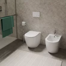 HD Lea Glossy White perem nélküli mély öblítésű íves álló WC slim "L" tetővel és fényes króm zsanérral