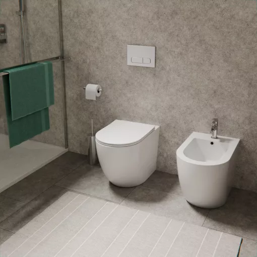 HD Lea Glossy White perem nélküli mély öblítésű íves álló WC slim "L" tetővel és fényes króm zsanérral