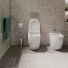 HD Lea Glossy White perem nélküli mély öblítésű íves álló WC slim "L" tetővel és fényes króm zsanérral