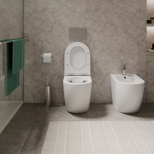 HD Lea Glossy White perem nélküli mély öblítésű íves álló WC slim "L" tetővel és fényes króm zsanérral