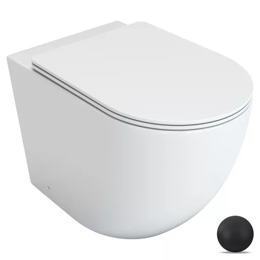 HD Lea Glossy White perem nélküli mély öblítésű íves álló WC slim "L" tetővel és matt fekete zsanérral
