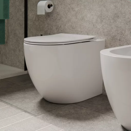 HD Lea Glossy White perem nélküli mély öblítésű íves álló WC slim "L" tetővel és matt fekete zsanérral