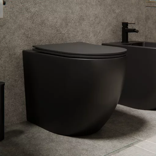 HD Lea Matt Black perem nélküli mély öblítésű íves álló WC slim "L" tetővel és matt fekete zsanérral