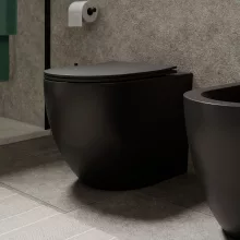 HD Lea Matt Black perem nélküli mély öblítésű íves álló WC slim "L" tetővel és matt fekete zsanérral