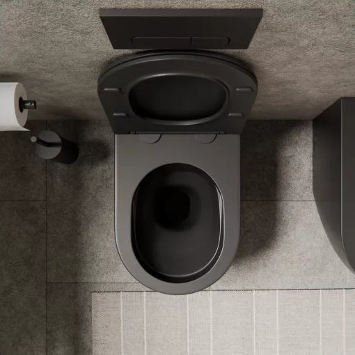HD Lea Matt Black perem nélküli mély öblítésű íves álló WC slim "L" tetővel és matt fekete zsanérral