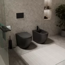 HD Lea Matt Black perem nélküli mély öblítésű íves álló WC slim "L" tetővel és matt fekete zsanérral