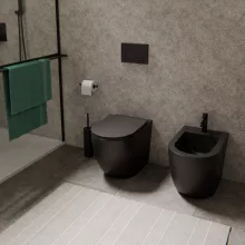 HD Lea Matt Black perem nélküli mély öblítésű íves álló WC slim "L" tetővel és matt fekete zsanérral