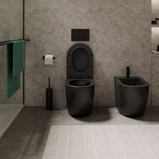 HD Lea Matt Black perem nélküli mély öblítésű íves álló WC slim "L" tetővel és matt fekete zsanérral