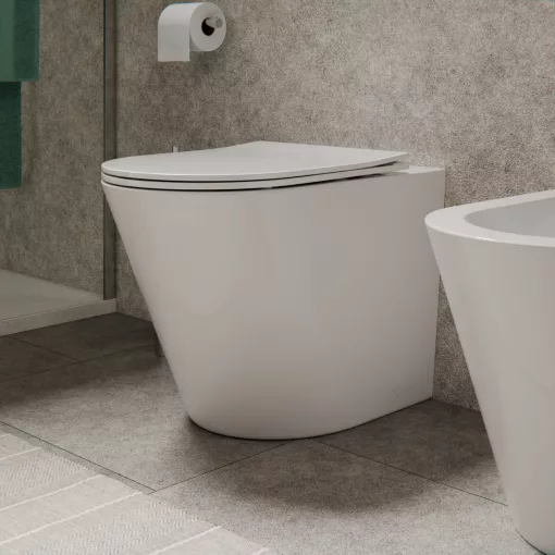 HD Madrid Glossy White perem nélküli mély öblítésű íves álló WC slim "L" tetővel és fényes króm zsanérral