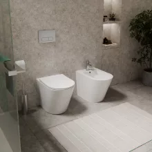 HD Madrid Glossy White perem nélküli mély öblítésű íves álló WC slim "L" tetővel és fényes króm zsanérral
