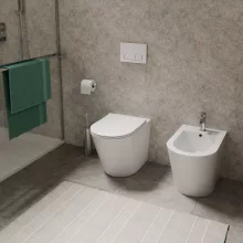 HD Madrid Glossy White perem nélküli mély öblítésű íves álló WC slim "L" tetővel és fényes króm zsanérral