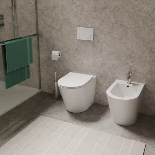 HD Madrid Glossy White perem nélküli mély öblítésű íves álló WC slim "L" tetővel és fényes króm zsanérral