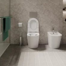 HD Madrid Glossy White perem nélküli mély öblítésű íves álló WC slim "L" tetővel és fényes króm zsanérral
