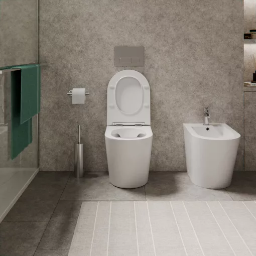 HD Madrid Glossy White perem nélküli mély öblítésű íves álló WC slim "L" tetővel és fényes króm zsanérral