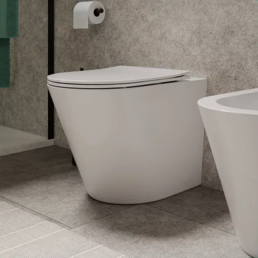 HD Madrid Glossy White perem nélküli mély öblítésű íves álló WC slim "L" tetővel és matt fekete zsanérral