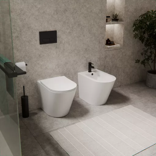 HD Madrid Glossy White perem nélküli mély öblítésű íves álló WC slim "L" tetővel és matt fekete zsanérral
