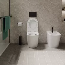 HD Madrid Glossy White perem nélküli mély öblítésű íves álló WC slim "L" tetővel és matt fekete zsanérral