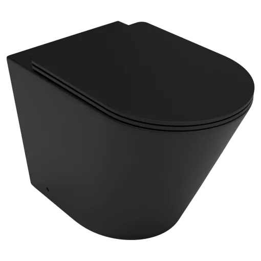 HD Madrid Matt Black perem nélküli mély öblítésű íves álló WC slim "L" tetővel és matt fekete zsanérral