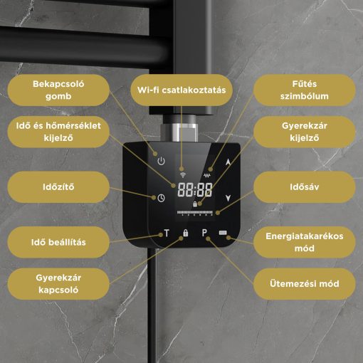 HD Smart-H1 Black 600W WiFi-s okos fűtőpatron törölközőszárító radiátorhoz digitális hőfokszabályozóval, matt fekete