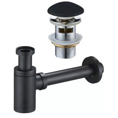   HD fekete mosdószifon szett click-clack leeresztővel, túlfolyós mosdóhoz