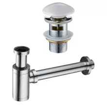 HD fényes fehér/króm mosdószifon szett click-clack leeresztővel, túlfolyós mosdóhoz