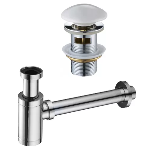 HD fényes fehér/króm mosdószifon szett click-clack leeresztővel, túlfolyós mosdóhoz