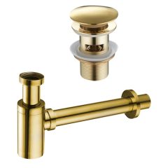   HD fényes arany mosdószifon szett click-clack leeresztővel, túlfolyós mosdóhoz