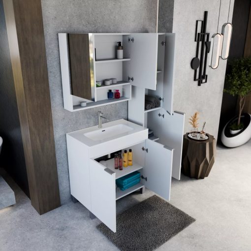 HD Paris Matt White 35 cm széles álló magasszekrény, szálcsiszolt króm elemekkel