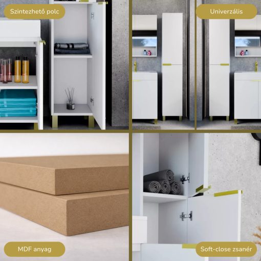 HD Paris Matt White 35 cm széles álló magasszekrény, szálcsiszolt arany elemekkel