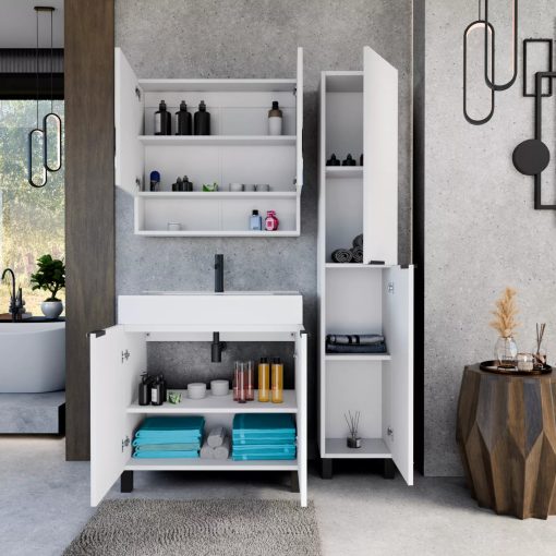 HD Paris Matt White 35 cm széles álló magasszekrény, matt fekete elemekkel