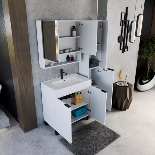 HD Paris Matt White 35 cm széles álló magasszekrény, matt fekete elemekkel