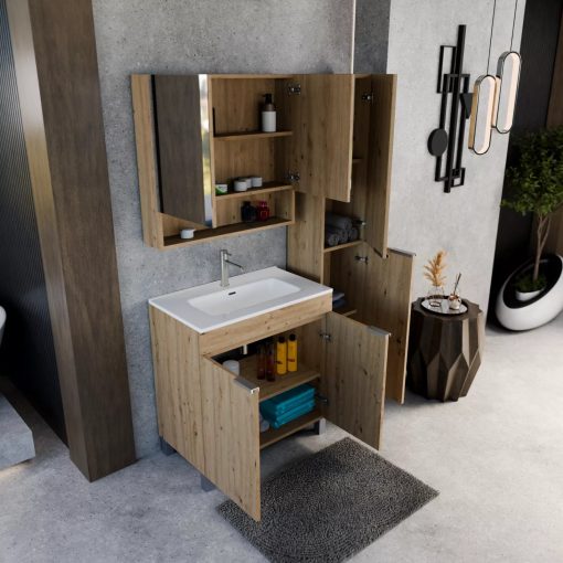 HD Paris Oak 35 cm széles álló magasszekrény, szálcsiszolt króm elemekkel