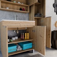 HD Paris Oak 35 cm széles álló magasszekrény, szálcsiszolt króm elemekkel