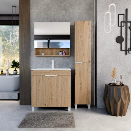 HD Paris Oak 35 cm széles álló magasszekrény, matt fehér elemekkel