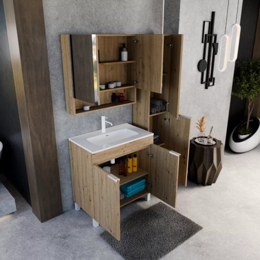 HD Paris Oak 35 cm széles álló magasszekrény, matt fehér elemekkel