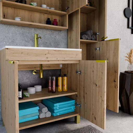 HD Paris Oak 35 cm széles álló magasszekrény, szálcsiszolt arany elemekkel