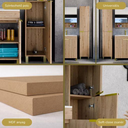 HD Paris Oak 35 cm széles álló magasszekrény, szálcsiszolt arany elemekkel