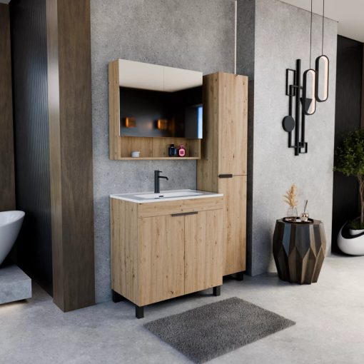 HD Paris Oak 35 cm széles álló magasszekrény, matt fekete elemekkel