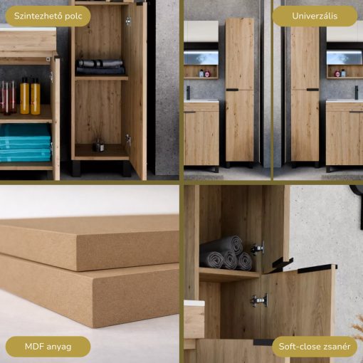 HD Paris Oak 35 cm széles álló magasszekrény, matt fekete elemekkel