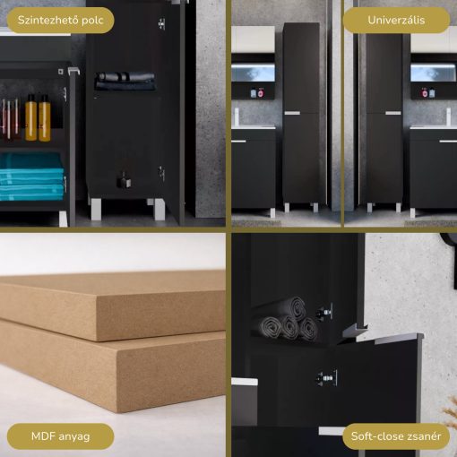 HD Paris Matt Black 35 cm széles álló magasszekrény, matt fehér elemekkel