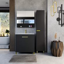 HD Paris Matt Black 35 cm széles álló magasszekrény, szálcsiszolt arany elemekkel