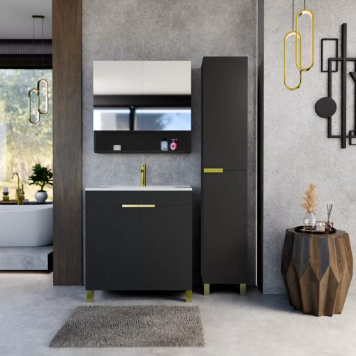 HD Paris Matt Black 35 cm széles álló magasszekrény, szálcsiszolt arany elemekkel