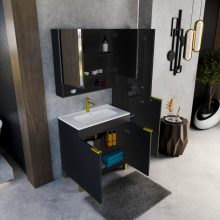 HD Paris Matt Black 35 cm széles álló magasszekrény, szálcsiszolt arany elemekkel