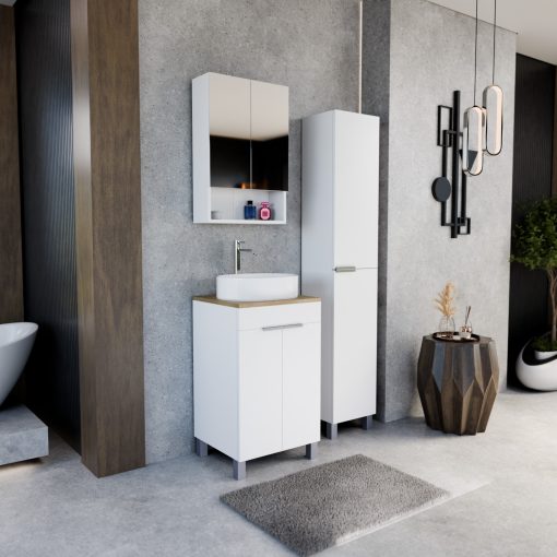 HD Paris Matt White 50 álló mosdószekrény tölgyfa színű mosdópulttal és fényes króm elemekkel